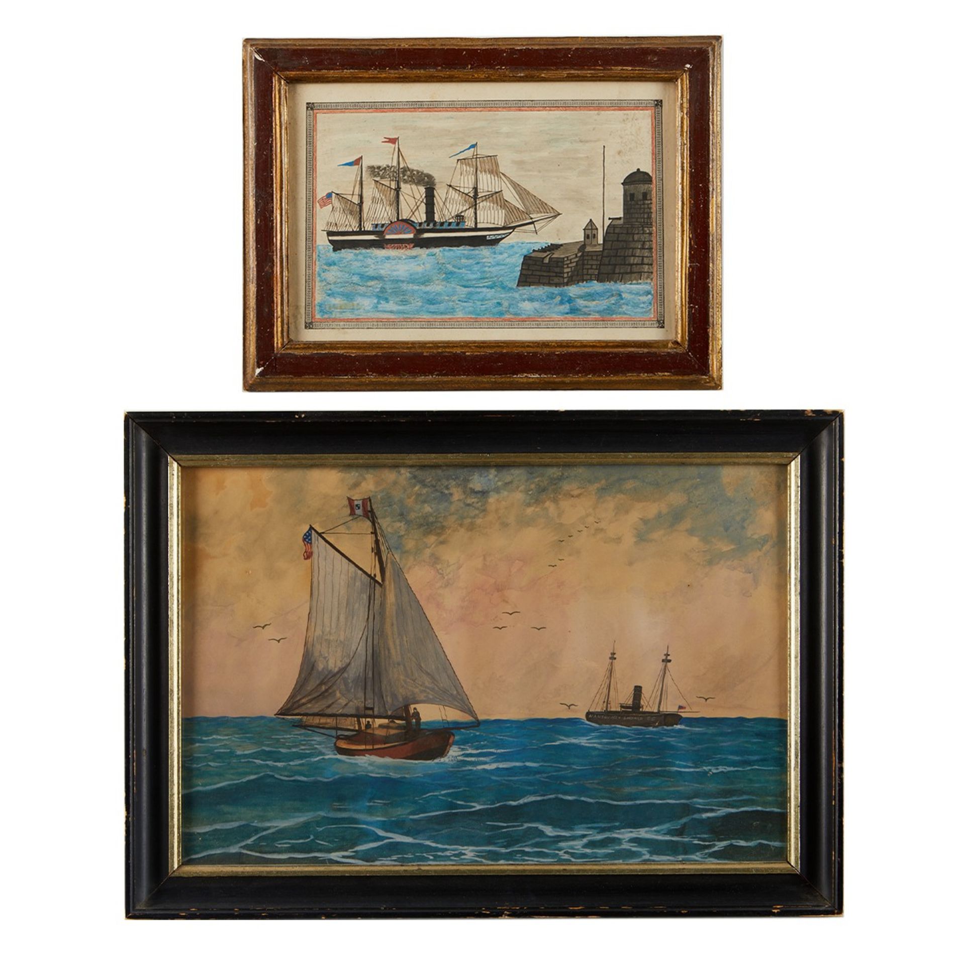 2 Nautical Watercolor Folk Paintings