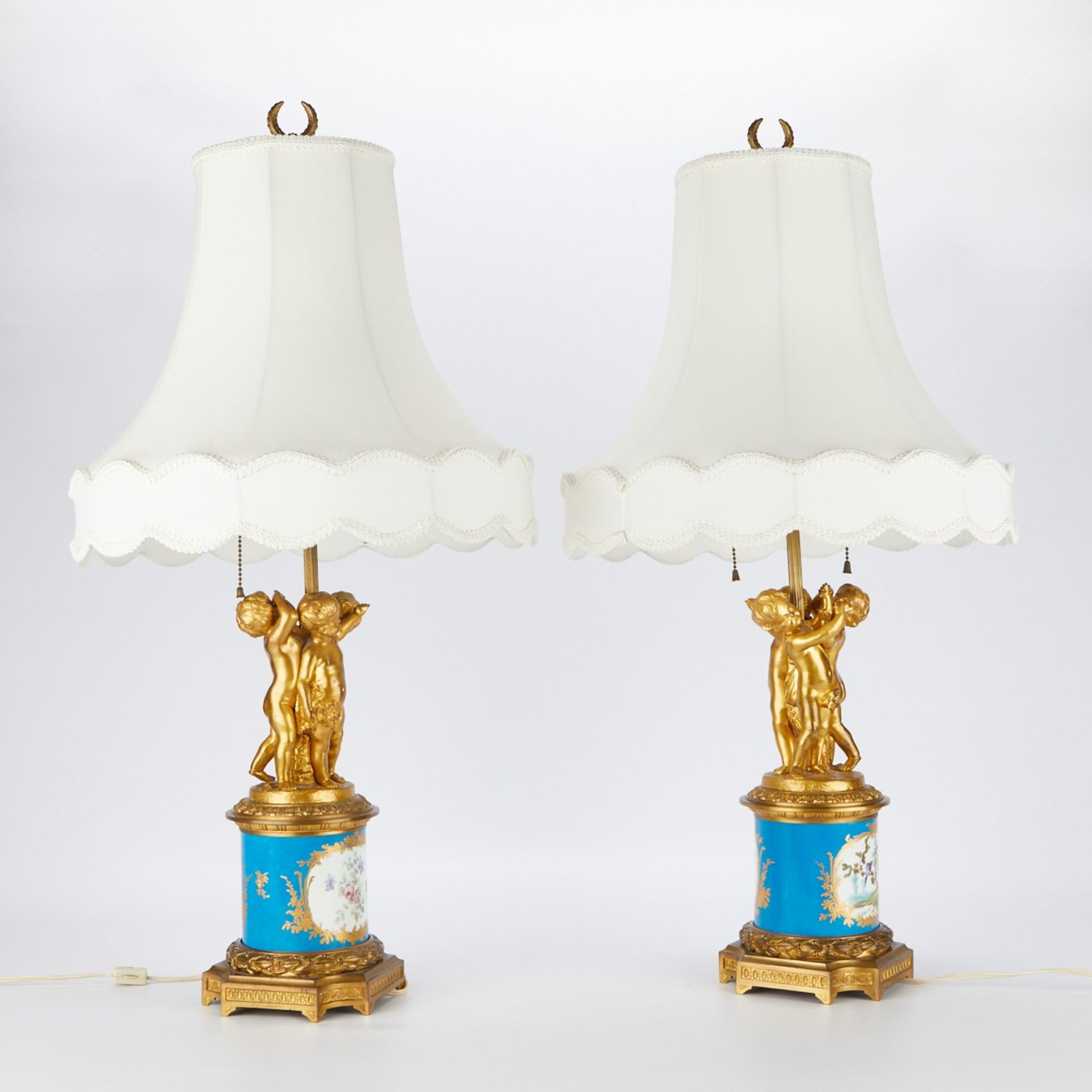 Pr Sevres Style Porcelain Lamps w/ Bronze Putti - Image 4 of 8