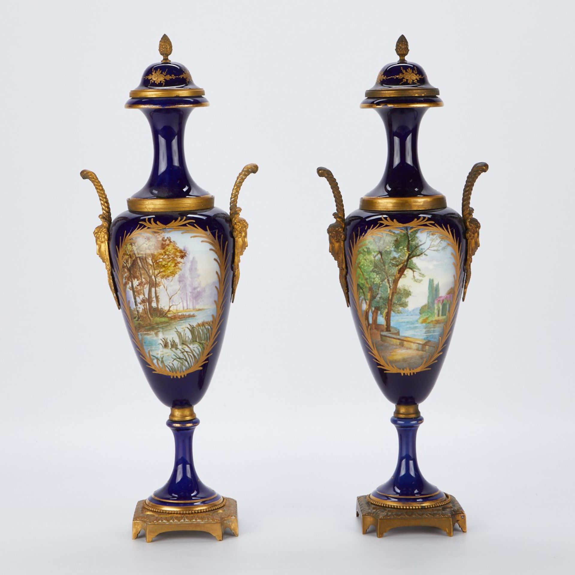 Pair of French Sevres Style Urns w/ Mask Handles - Image 4 of 8