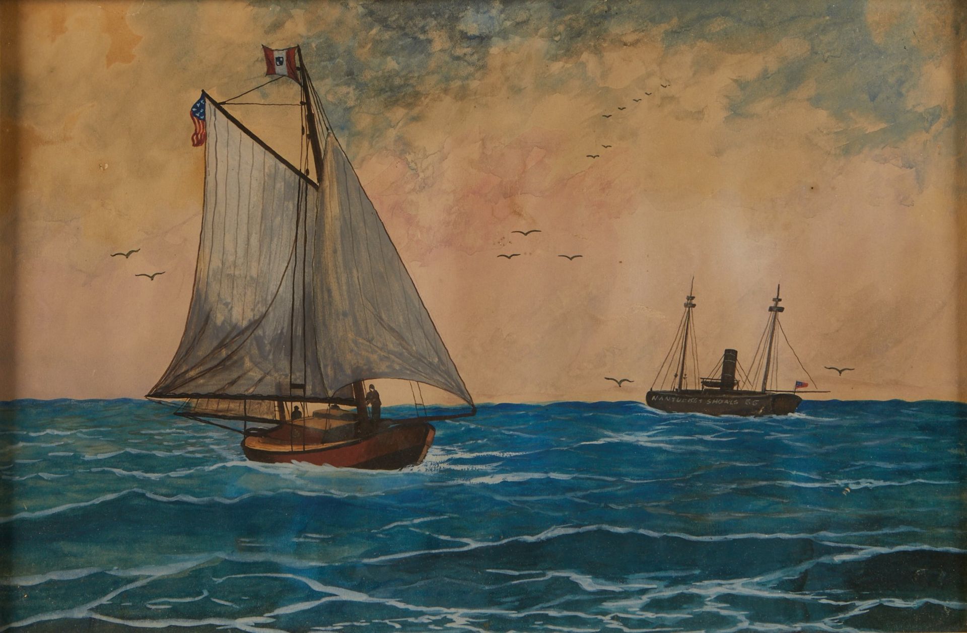 2 Nautical Watercolor Folk Paintings - Image 2 of 10