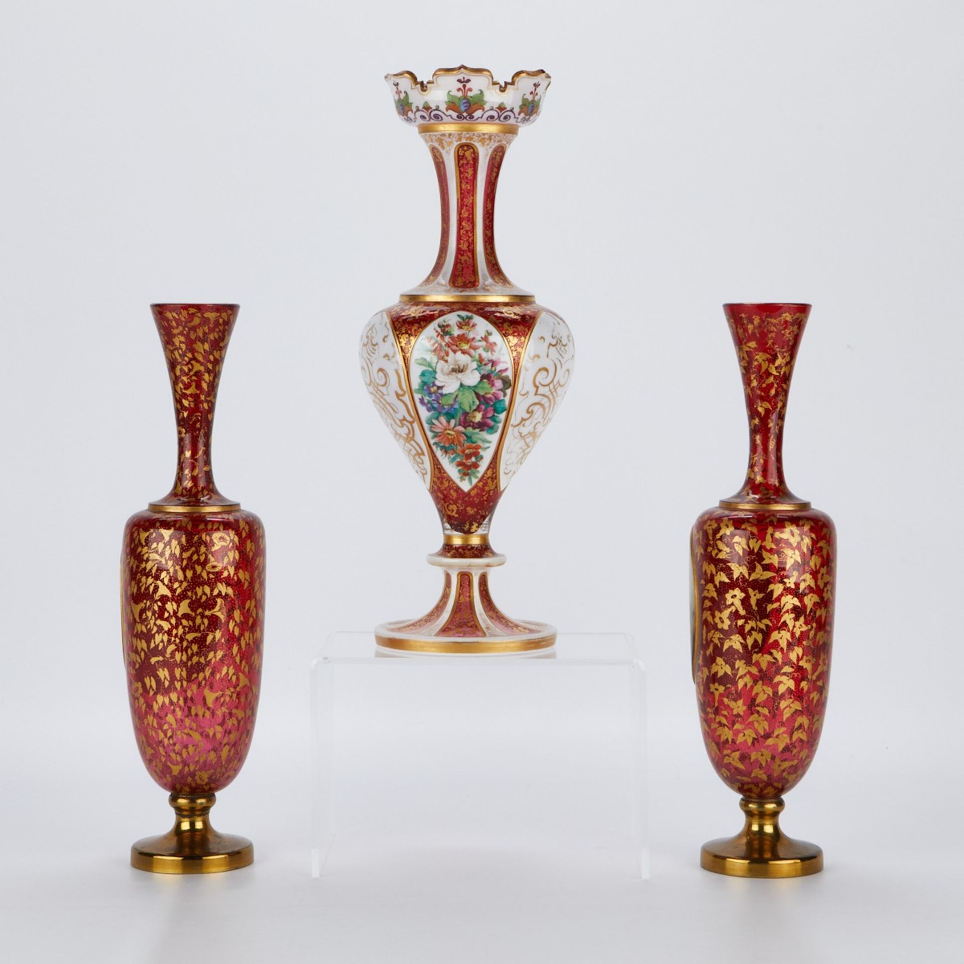 3 Cranberry Red Bohemian Glass Vases - Bild 2 aus 9