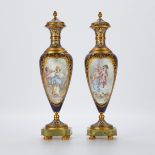 Pr Sevres Style Urns w/ Champleve Signed Rochette