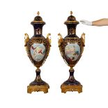 Pair Monumental Sevres Style Cobalt Blue Urns