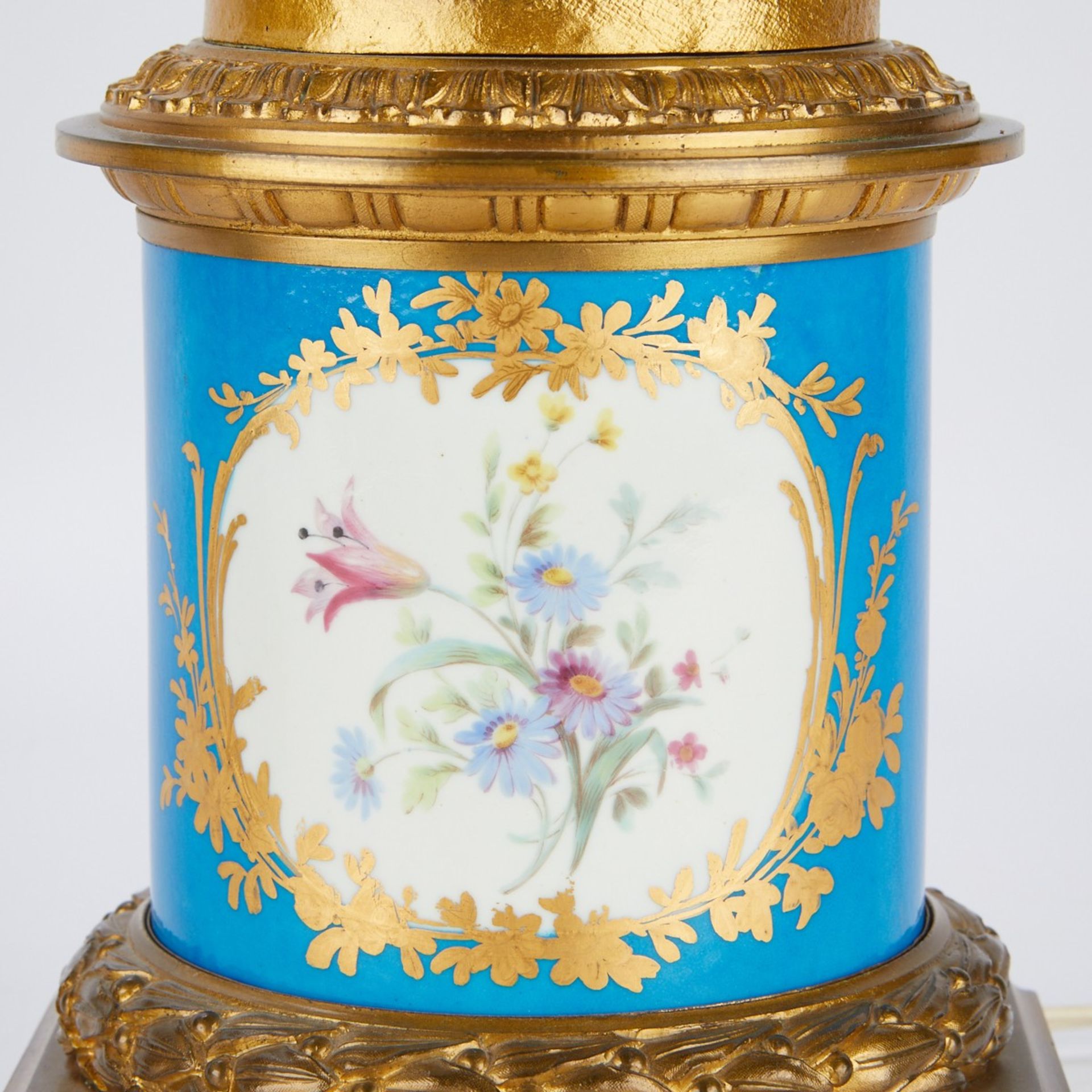 Pr Sevres Style Porcelain Lamps w/ Bronze Putti - Image 8 of 8