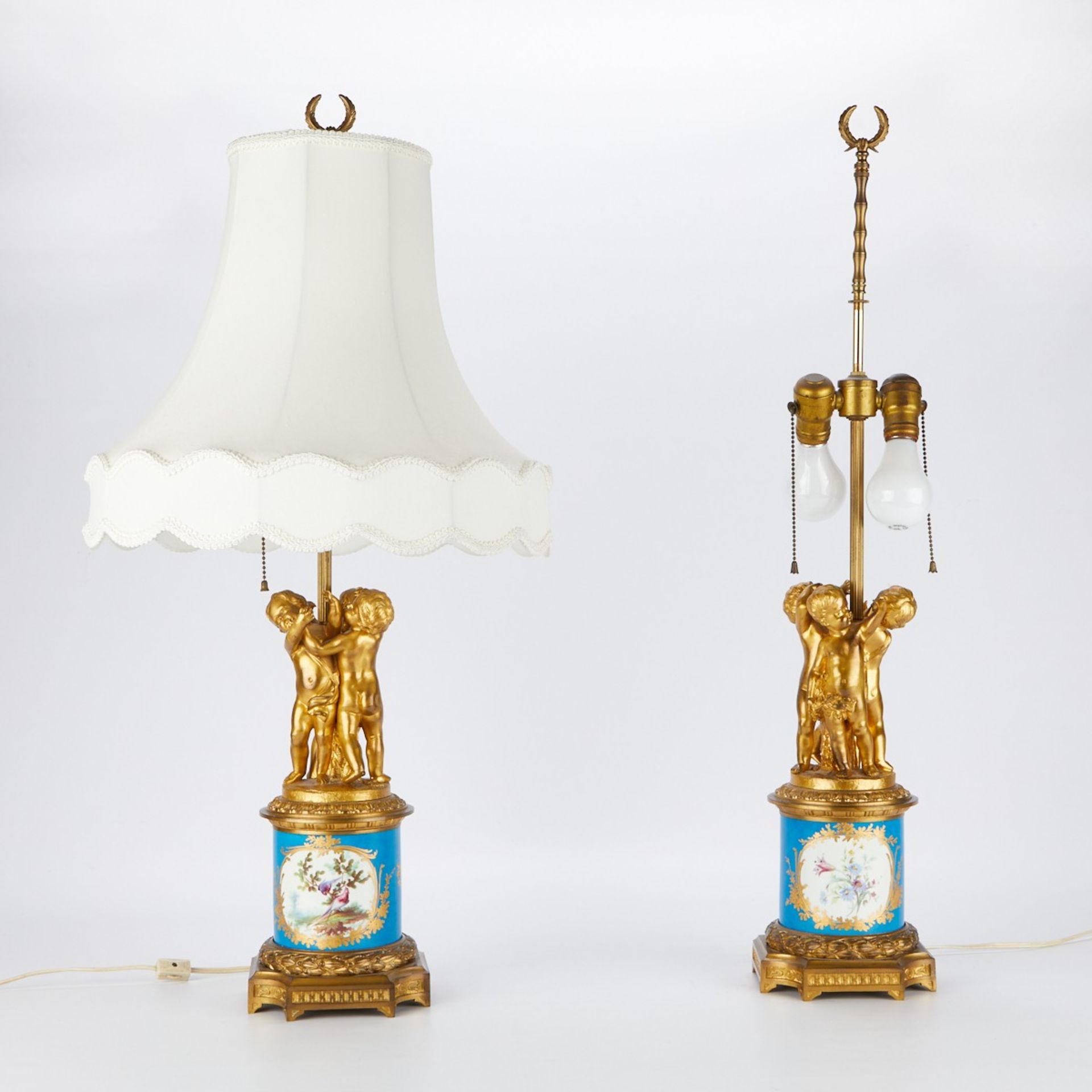 Pr Sevres Style Porcelain Lamps w/ Bronze Putti - Image 3 of 8