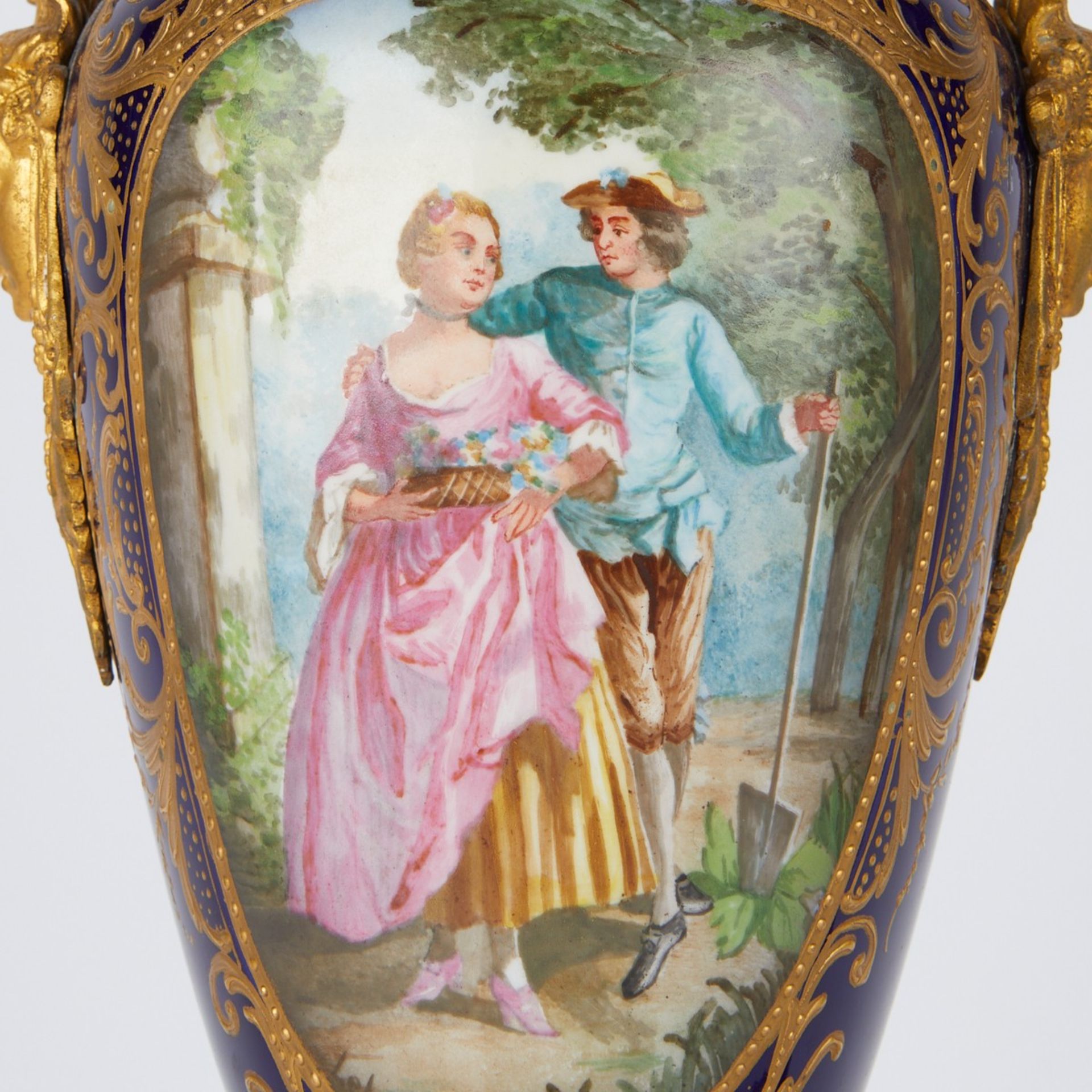 Pair of French Sevres Style Urns w/ Mask Handles - Image 2 of 8