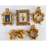 4 Porcelain Plaques & 1 Giltwood Decoration