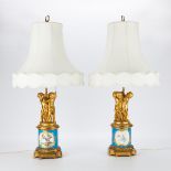 Pr Sevres Style Porcelain Lamps w/ Bronze Putti