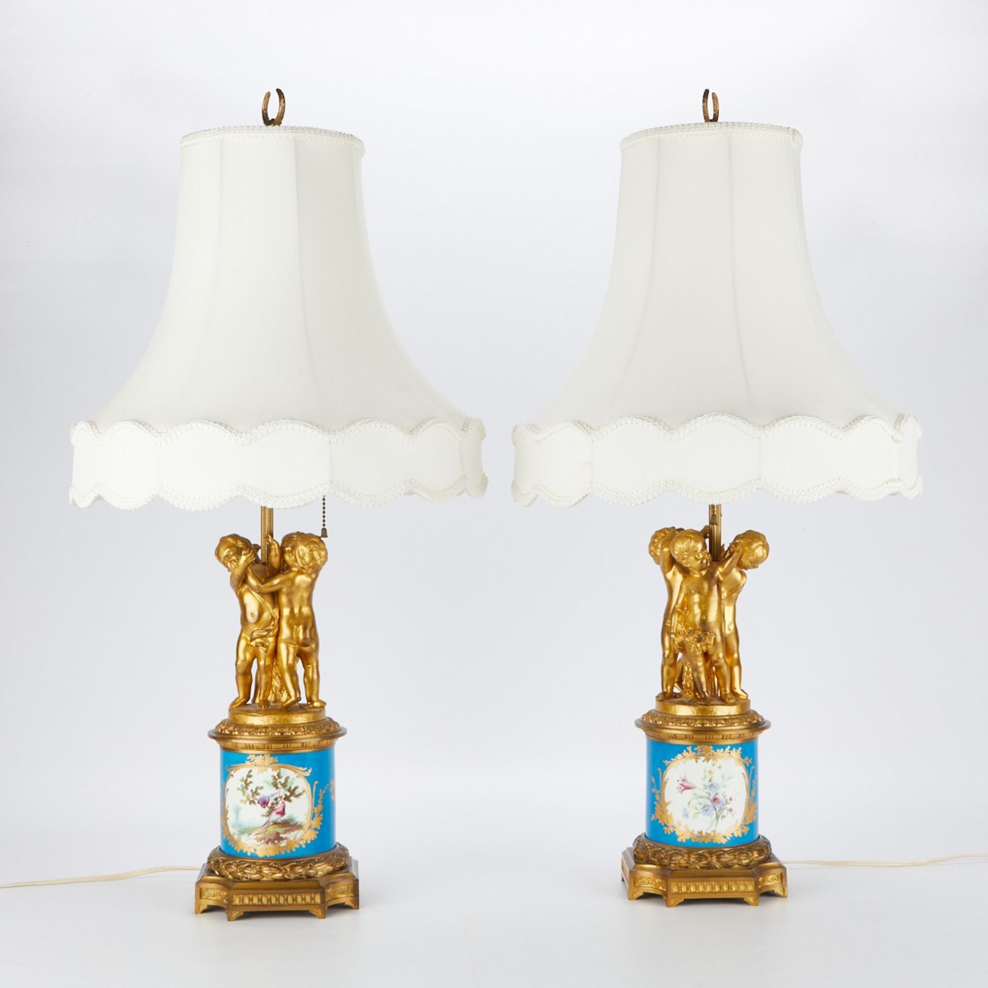 Pr Sevres Style Porcelain Lamps w/ Bronze Putti