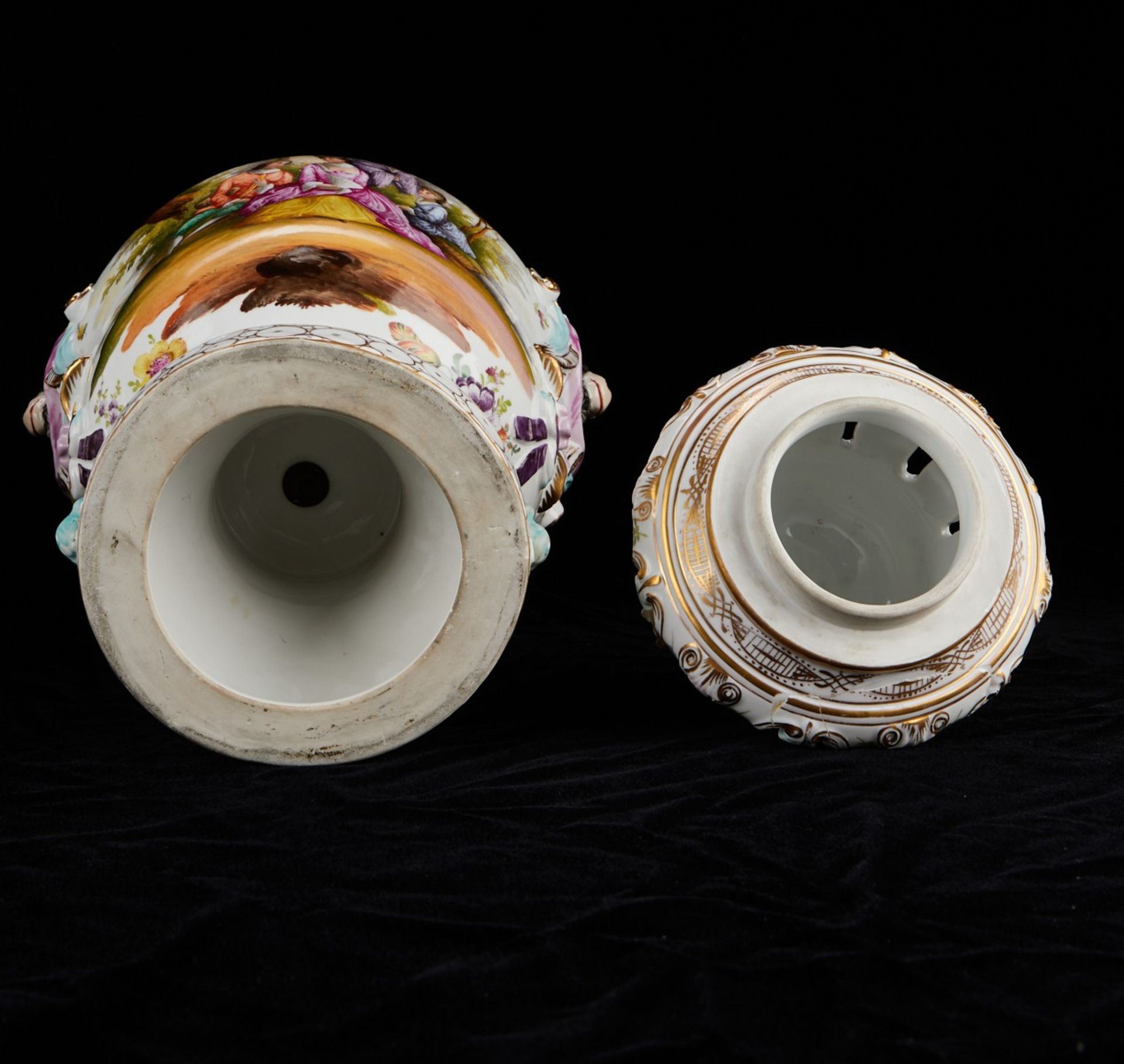 Pr Carl Thieme Porcelain Urns w/ Goat Heads 26 in - Image 15 of 18