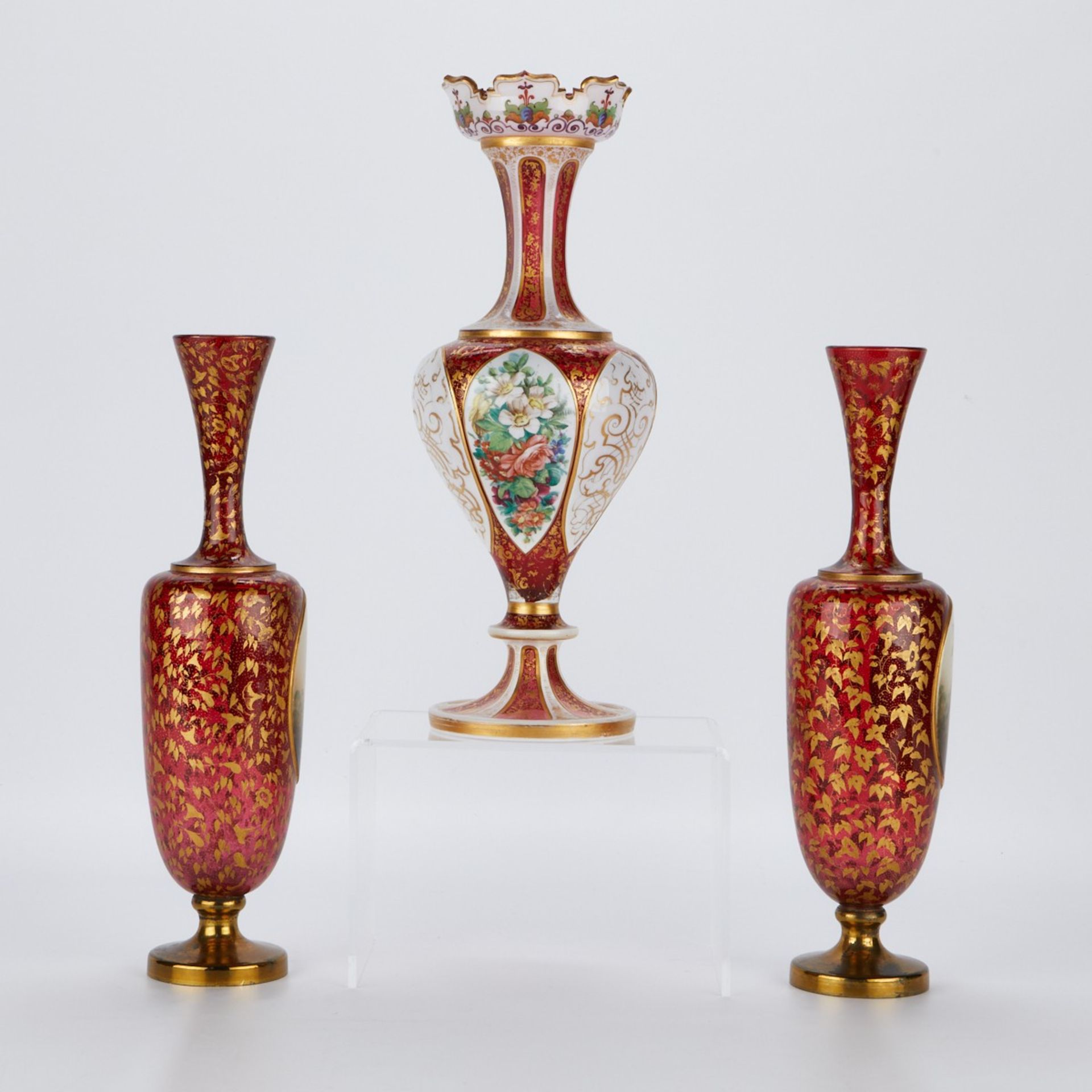 3 Cranberry Red Bohemian Glass Vases - Bild 3 aus 9