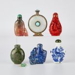 6 Chinese Snuff Bottles - Jade, Lapis, Porcelain