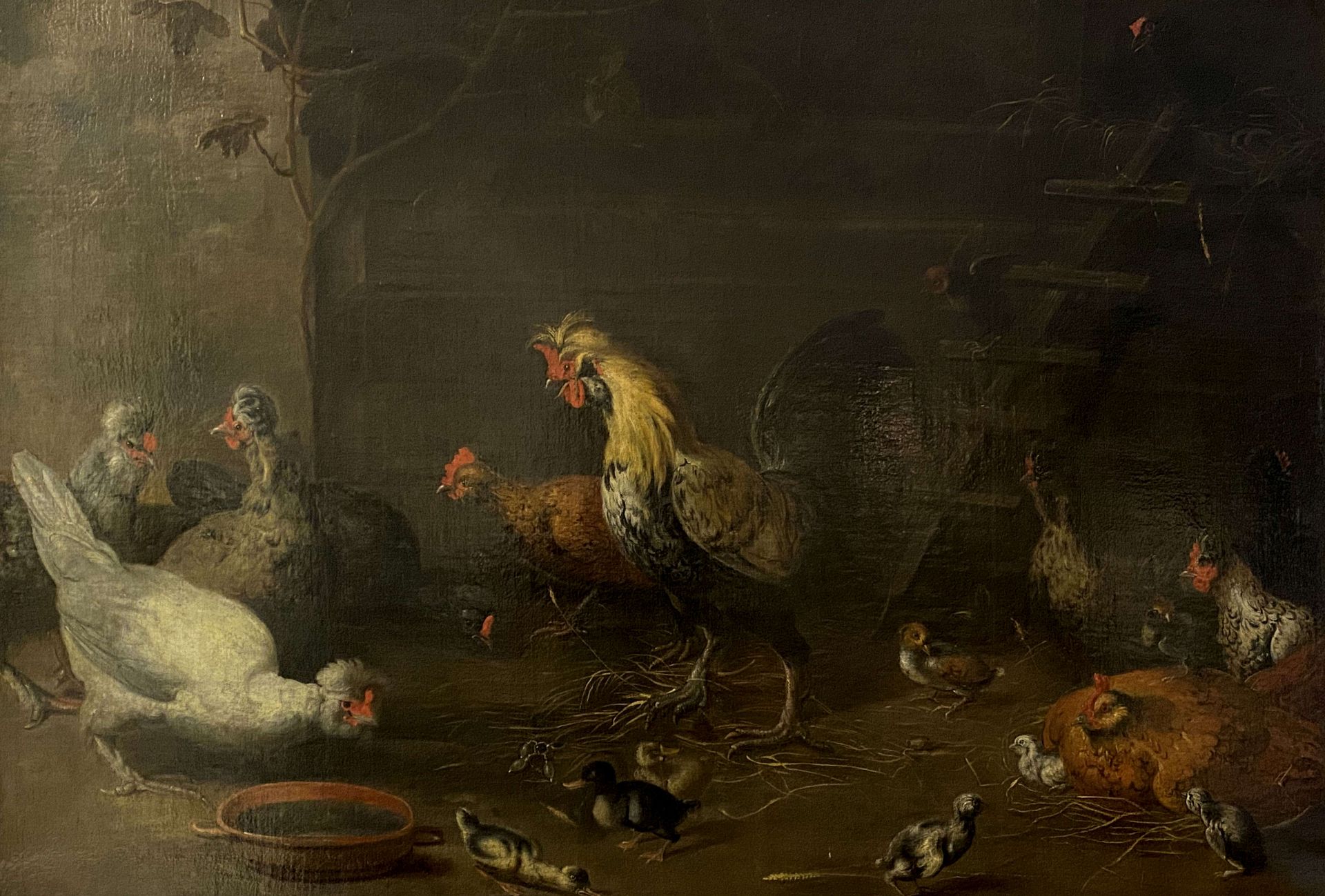Melchior de Hondecoeter, "Hahn mit Henne und Küken" (Der Hühnerhof)