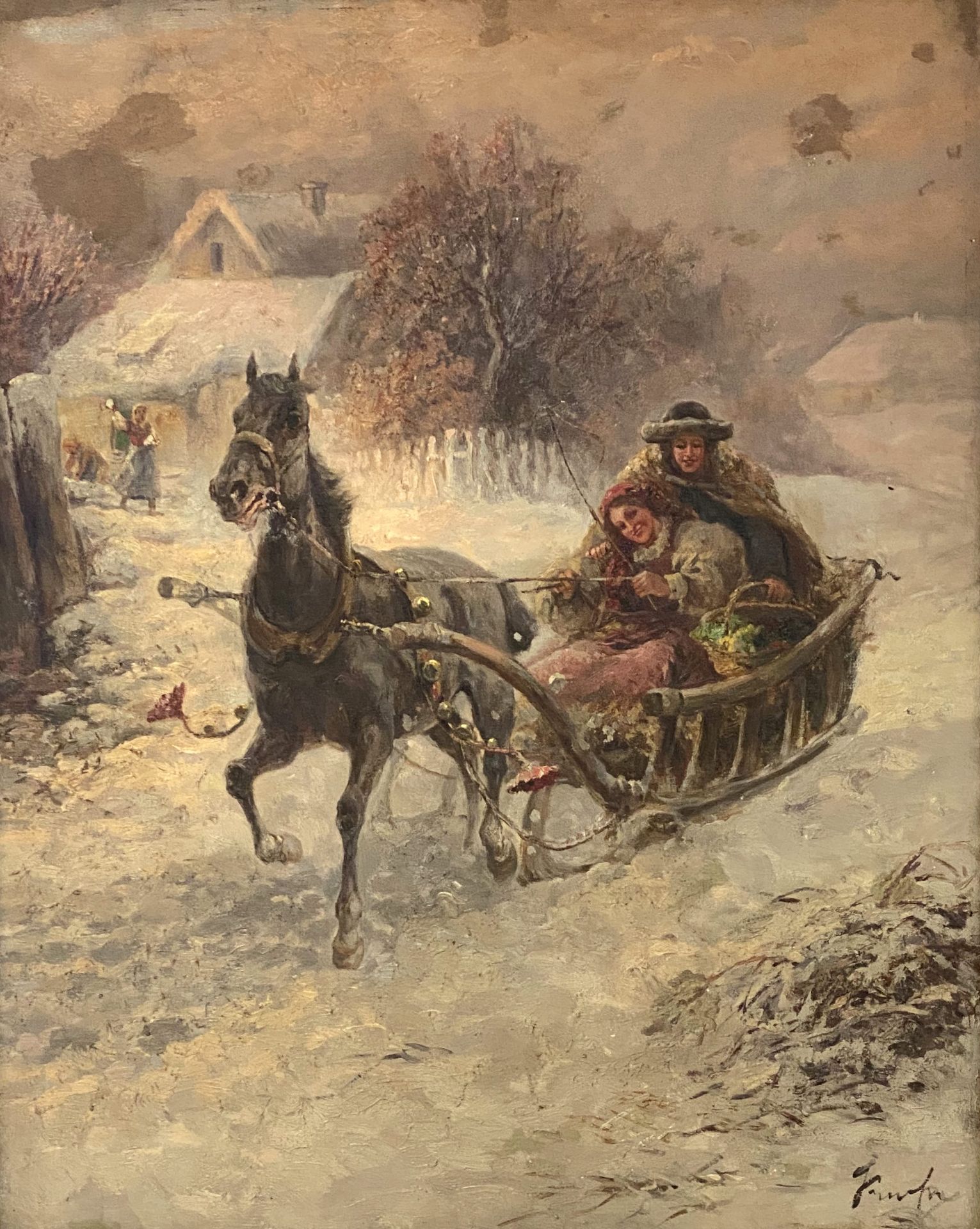 Gustav  Prucha, Winterliche  Schlittenfahrt  im Einspänner - Bild 3 aus 6