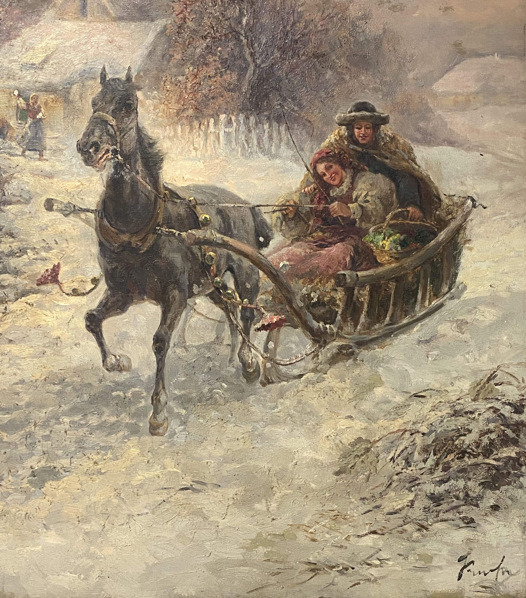 Gustav  Prucha, Winterliche  Schlittenfahrt  im Einspänner - Bild 4 aus 6