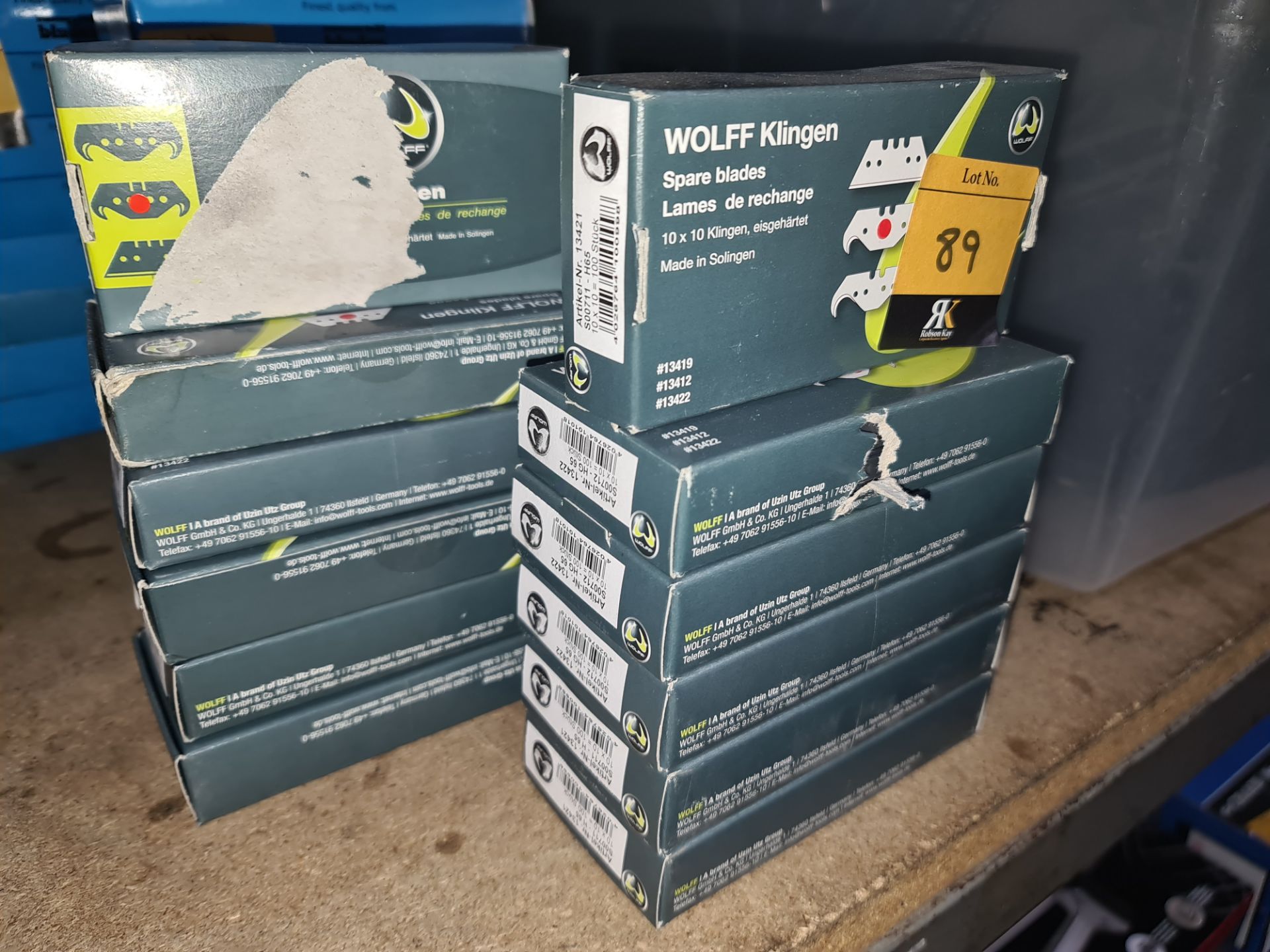 12 assorted boxes of Wolff Klingen spare bladesLots 31 - 328 comprise the total assets of a flooring