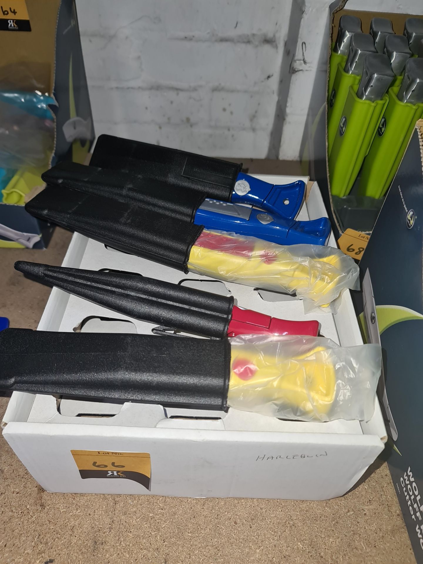 5 off assorted metal knives each with a plastic case - this lot consists of handles only, no