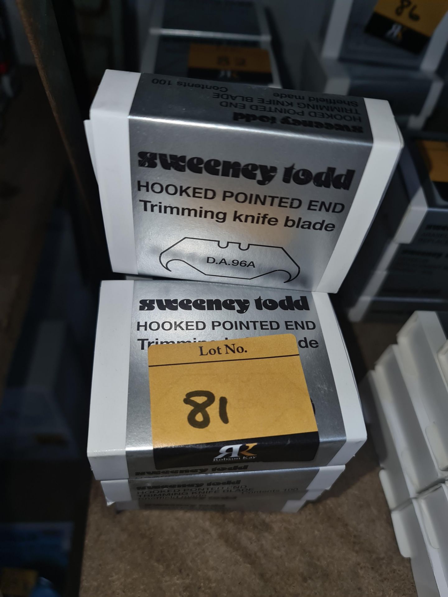 9 boxes of Sweeney Todd hooked pointed end trimming knife blades, product code DA96ALots 31 - 328