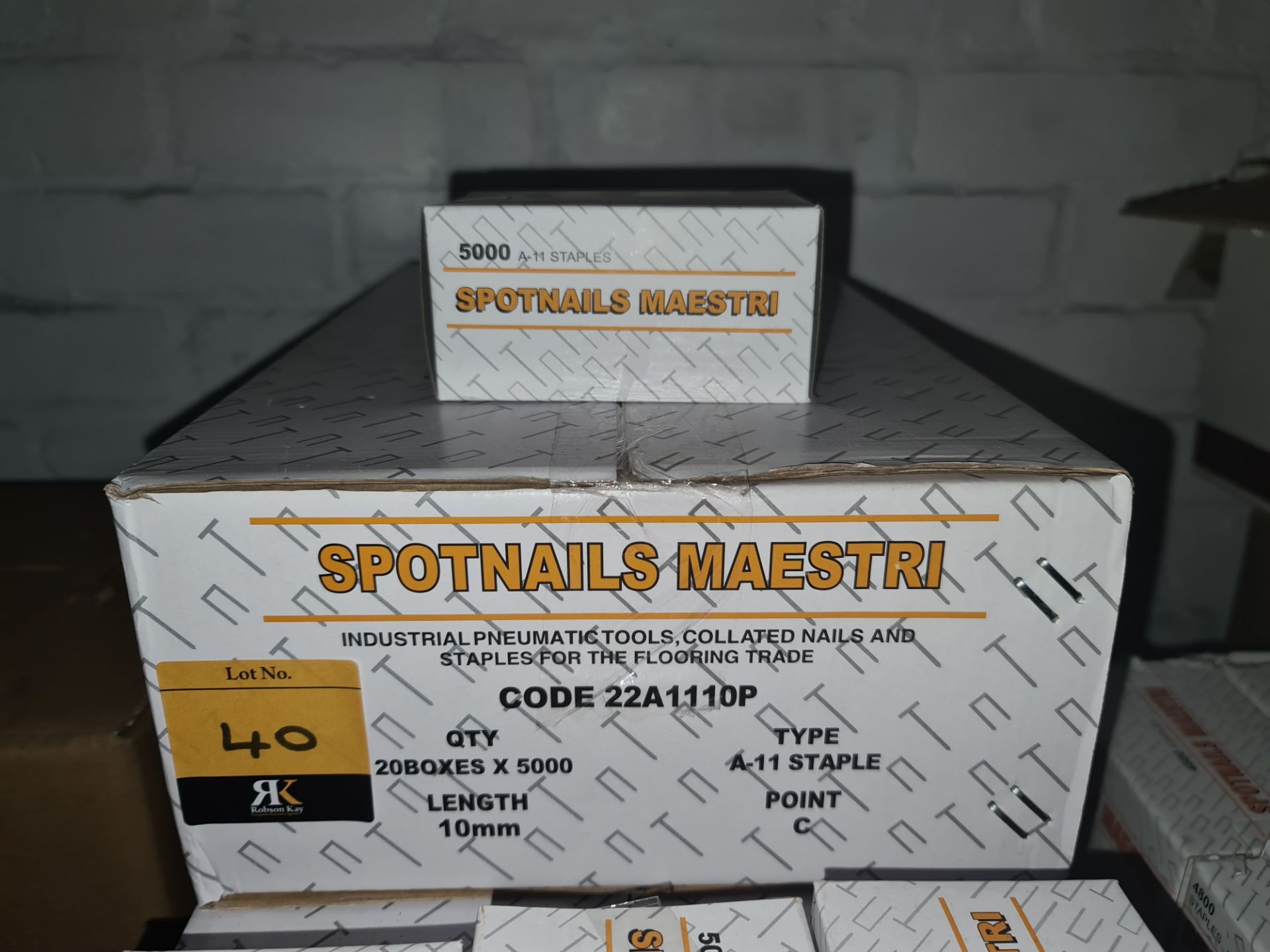 20 boxes of Maestri Spotnails, each box containing 5,000 type A-11.C 10mm staples. Product code