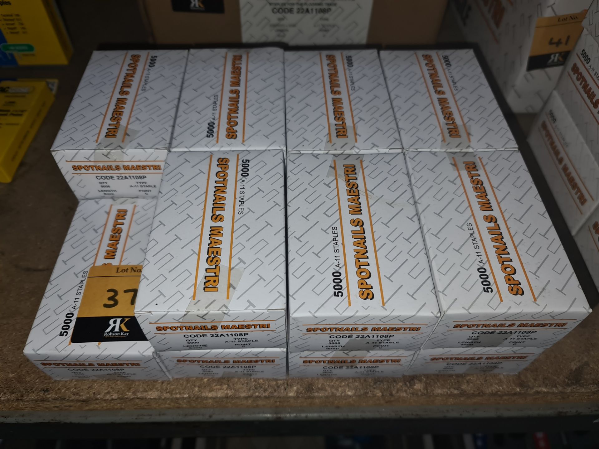 15 boxes of Maestri Spotnails, each box containing 5,000 type A-11.C 8mm staples. Product code