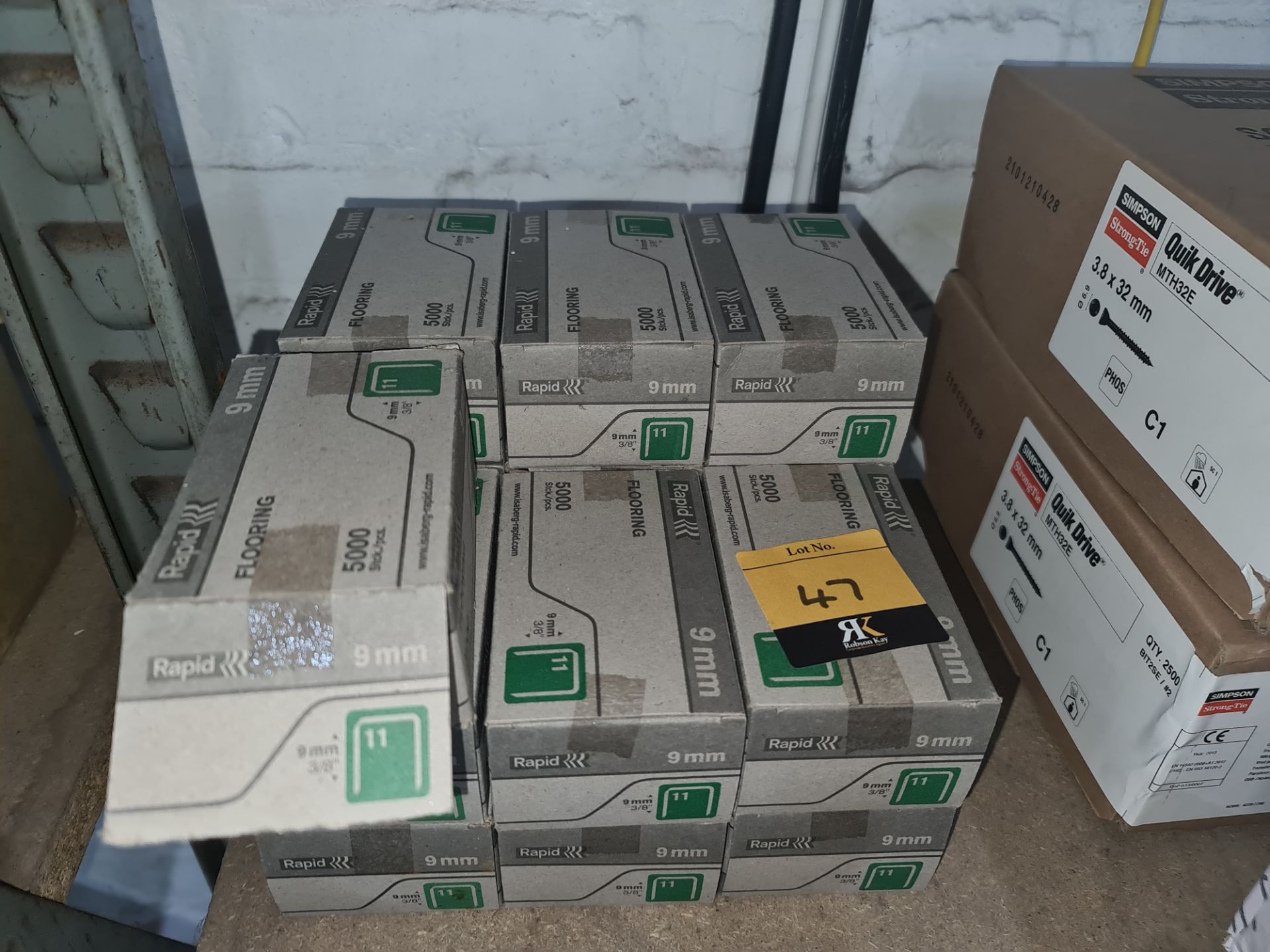 16 boxes of Rapid 9mm flooring staples, each box containing 5,000 piecesLots 31 - 328 comprise the