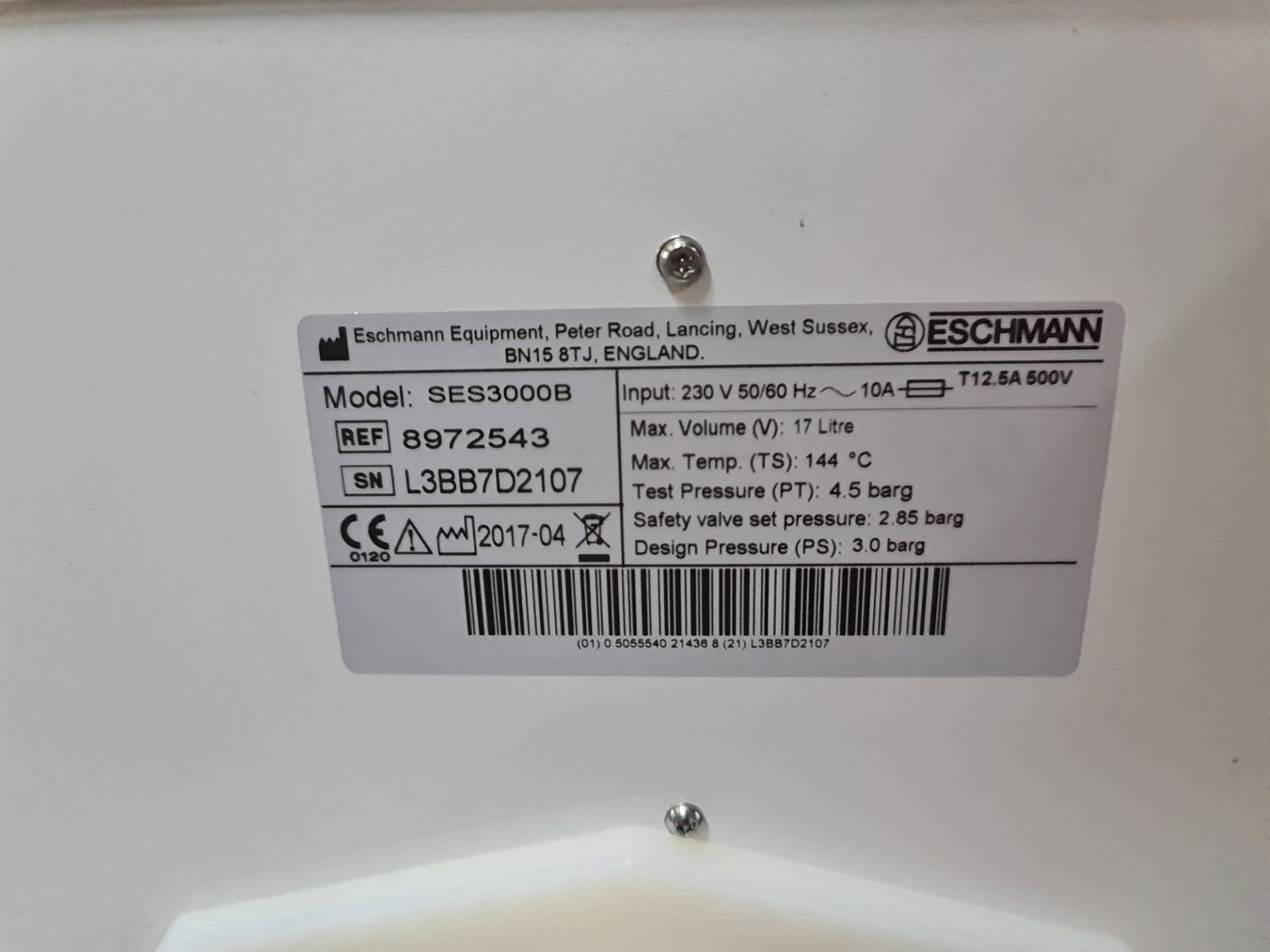 Eschmann Little Sister SES 3000B 17 litre B-Type vacuum autoclave, which the plaque on the rear conf - Image 8 of 8