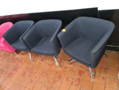 3 off matching navy fabric swivel tub chairs on chrome bases