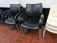 8 off matching black stacking chairs with arms, with black upholstered bases & backs