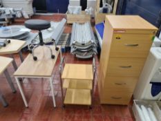 3 assorted pieces of brown/wooden furniture comprising 4-drawer filing cabinet, trolley & small tabl