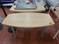 3 off tonneau/barrel shaped tables, each approx. 120cm x 60cm, of which 2 are assembled & the third