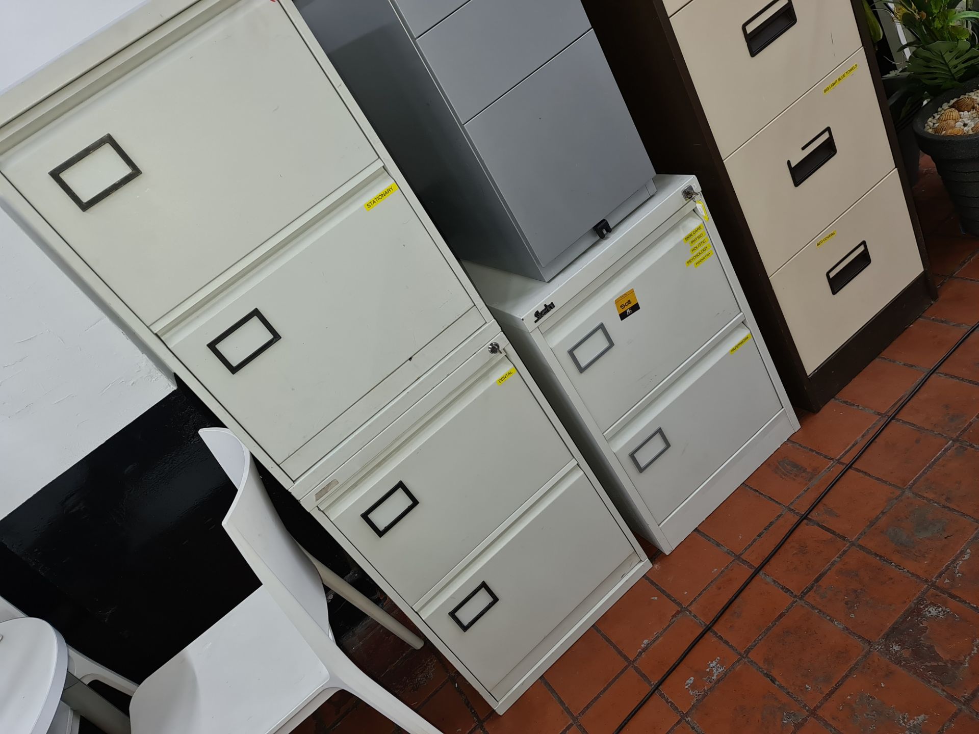 3 off pale grey metal 2-drawer filing cabinets