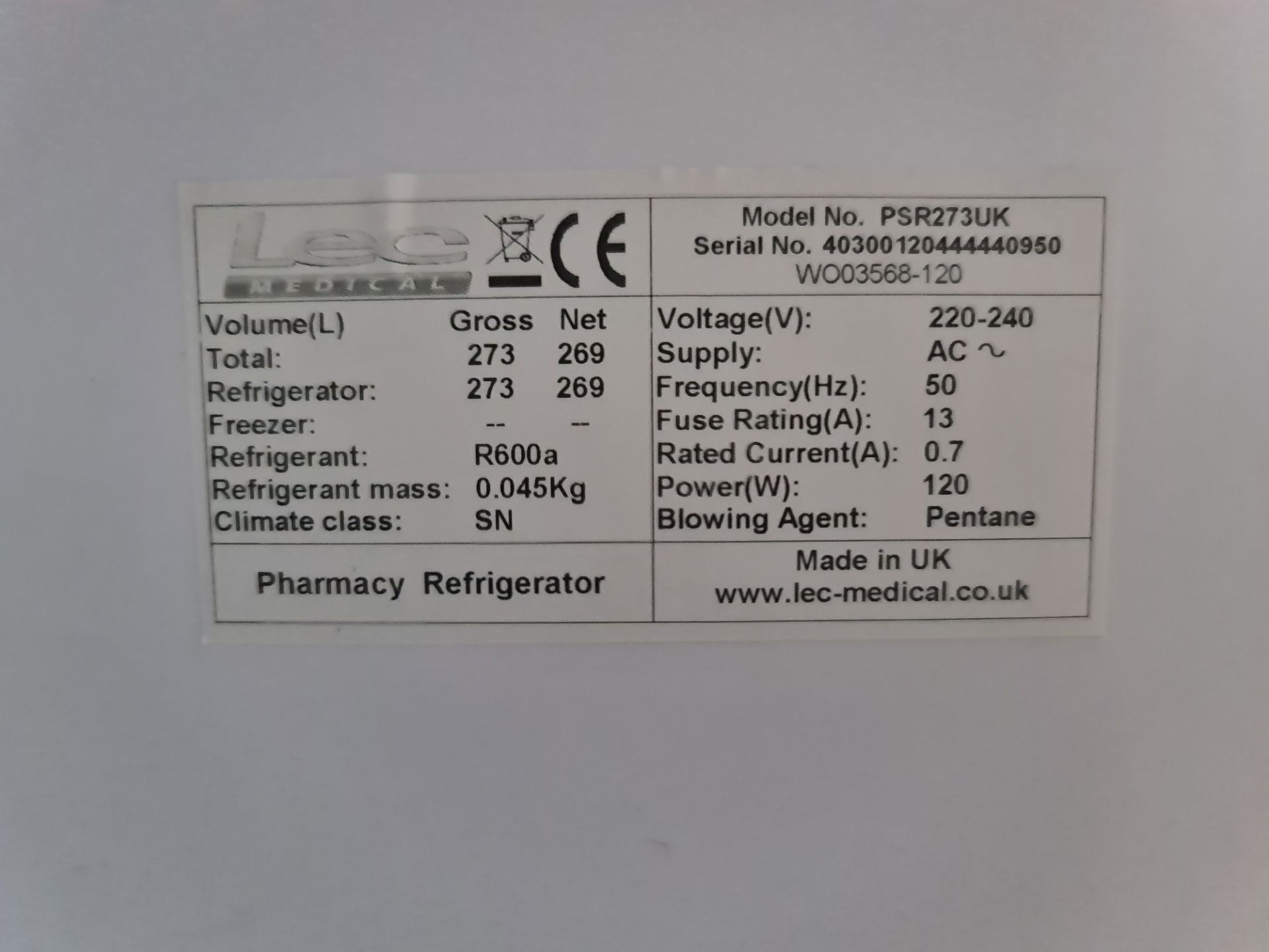 LEC upright medical fridge, model PSR273UK - Image 5 of 5