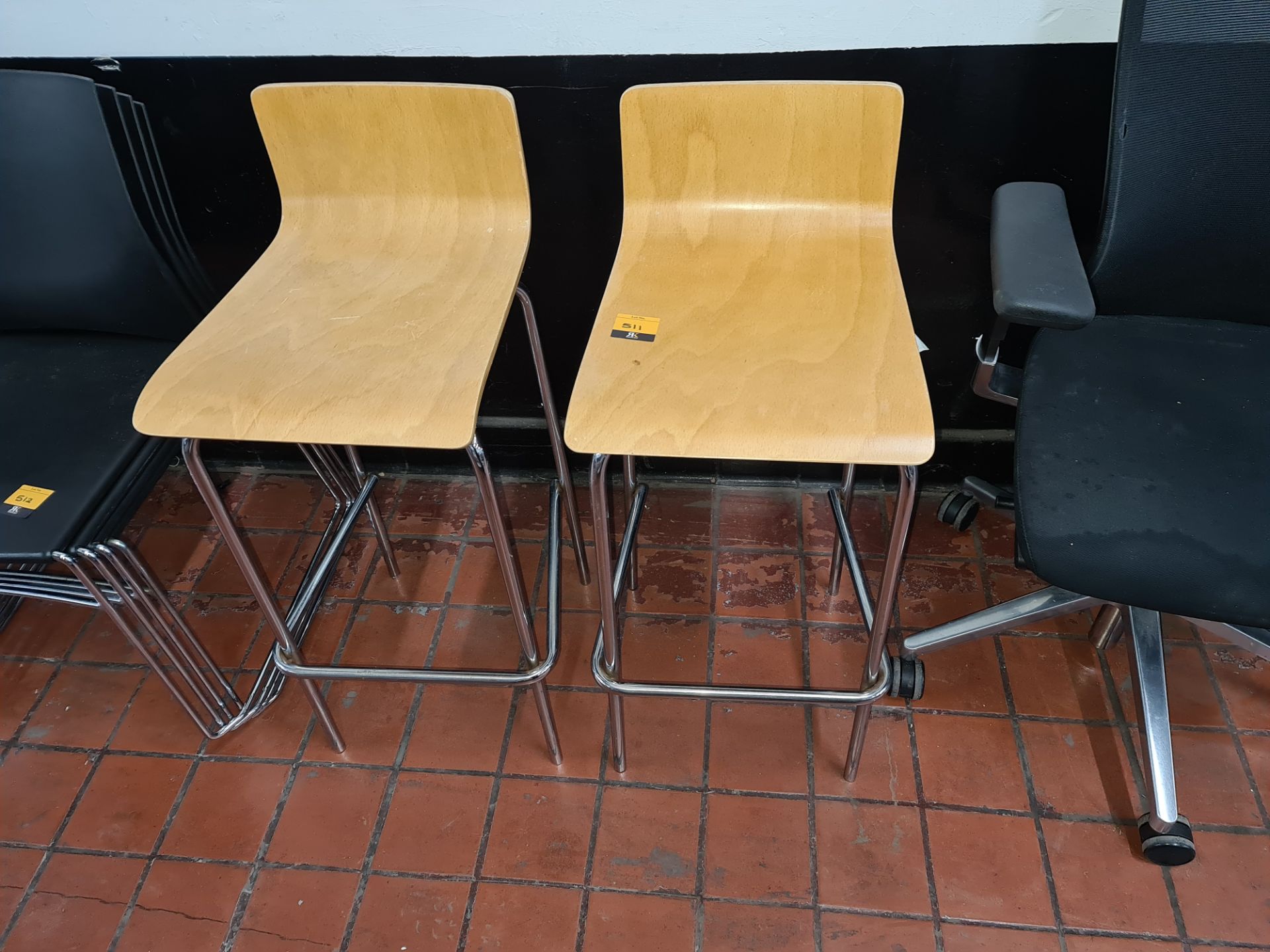 Pair of bar/kitchen stools comprising chrome frames with wooden seats