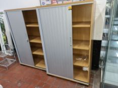 Pair of matching tambour-front office cupboards, one with key & one without