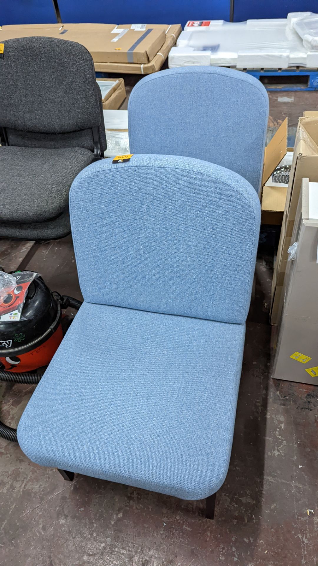 Pair of matching pale blue tweed reception chairs