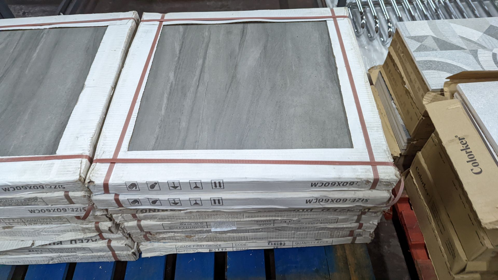 16 boxes of large grey patterned glazed porcelain tiles, each tile measuring 60cm square. Each box h - Image 3 of 7