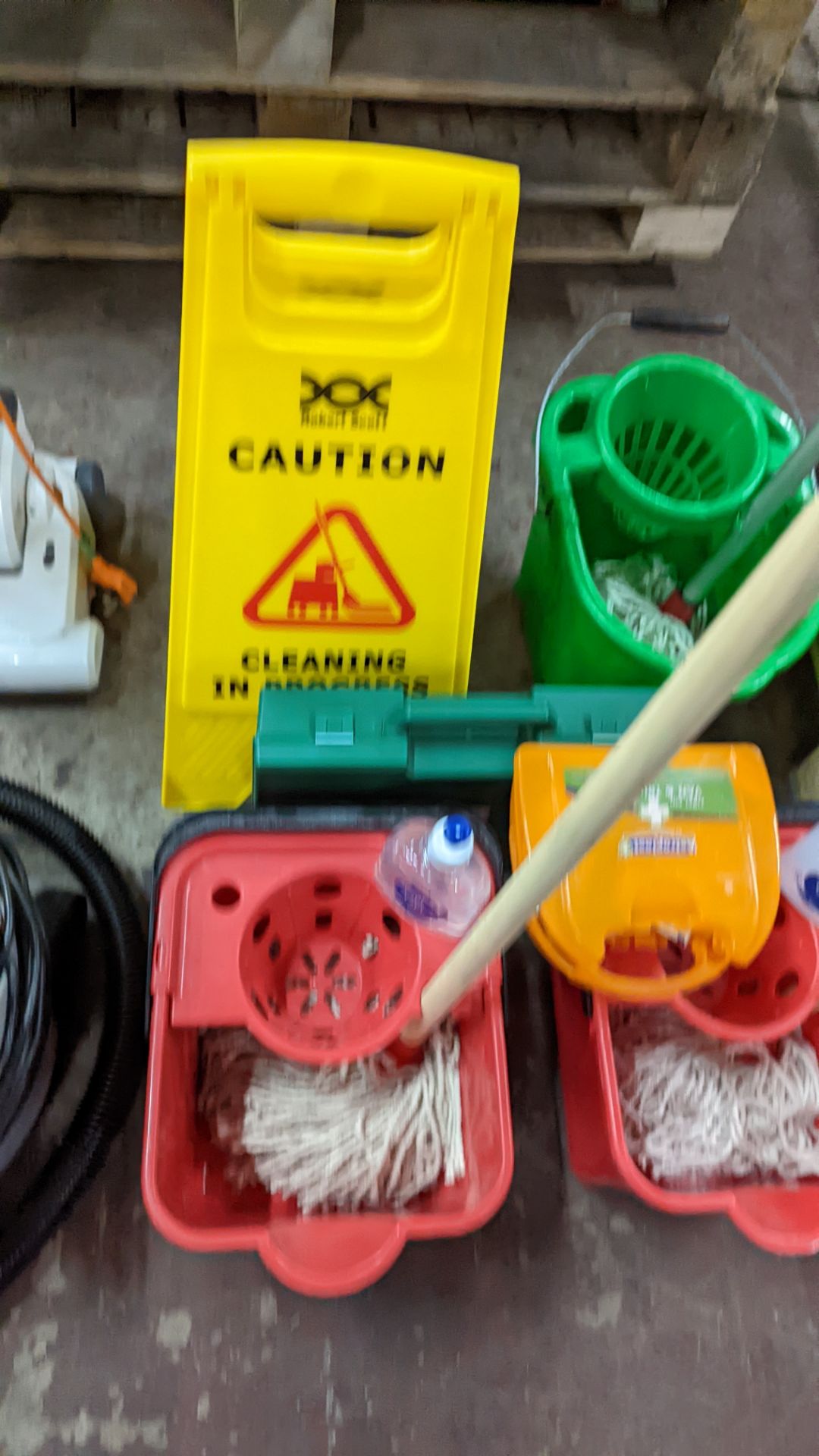 Quantity of cleaning related items including mop & bucket sets, floor sign, first aid equipment & mo - Image 7 of 8