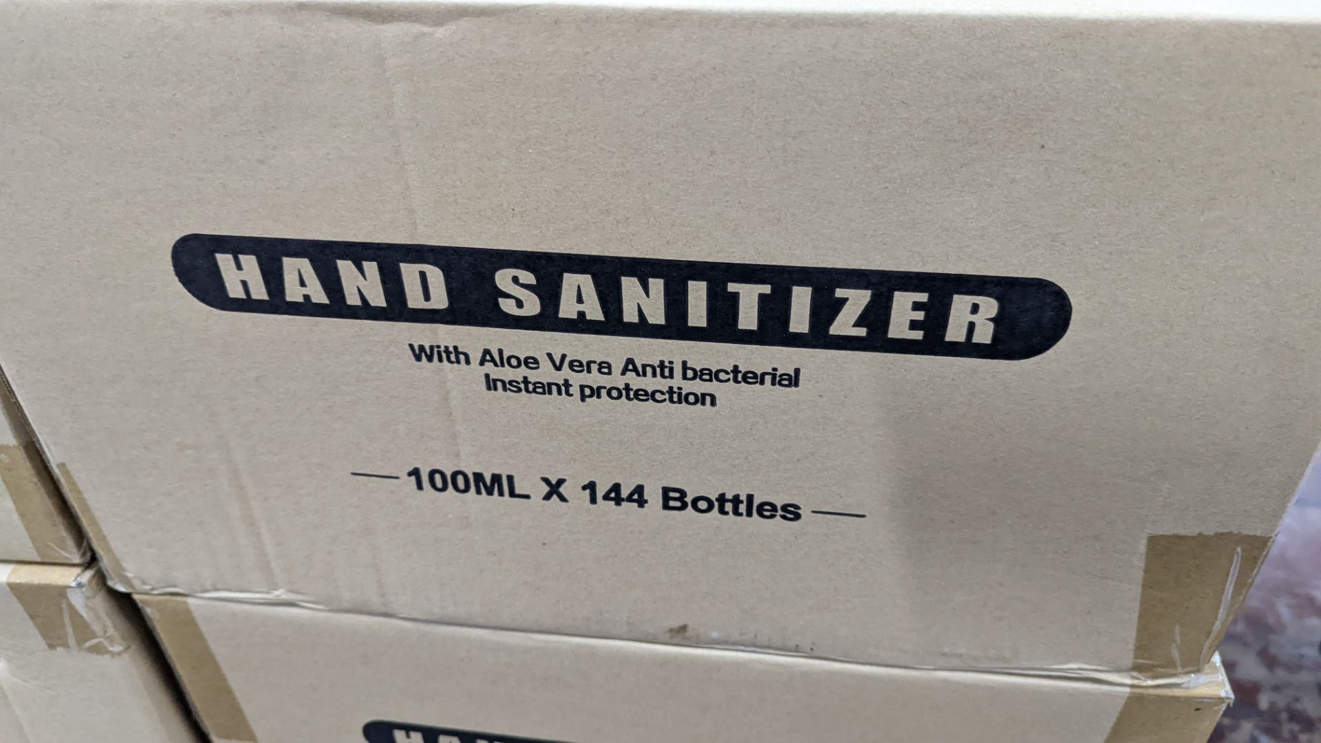 4 boxes, each containing 144 off 100ml bottles of hand sanitiser (alcohol based) with aloe vera prot