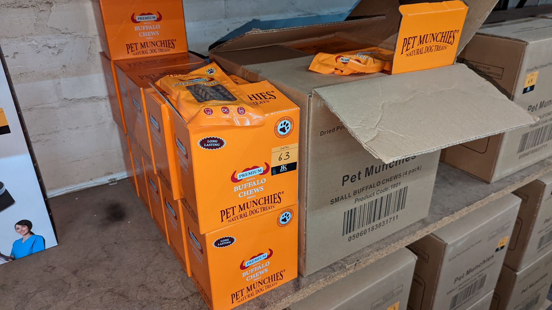 Pet Munchies dried pet chews for dogs. This lot consists of a total of 23 orange retail display box