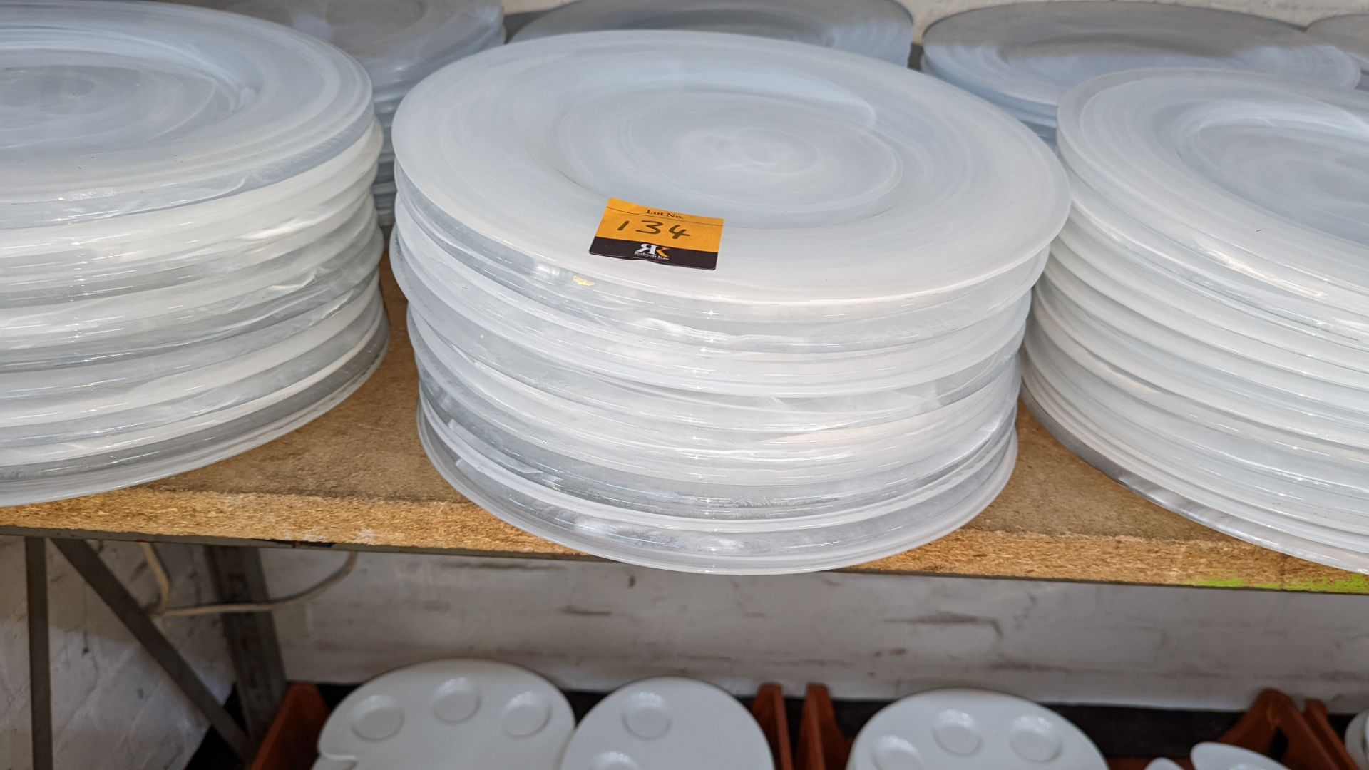 30 off large clear/white patterned glass plates, each measuring approximately 330mm diameter - Image 2 of 3