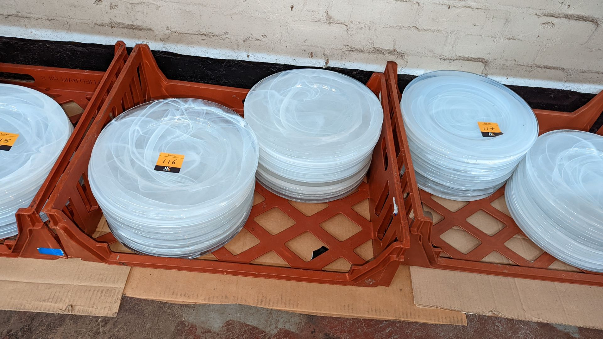 30 off patterned white/clear glass plates each circa 33cm diameter