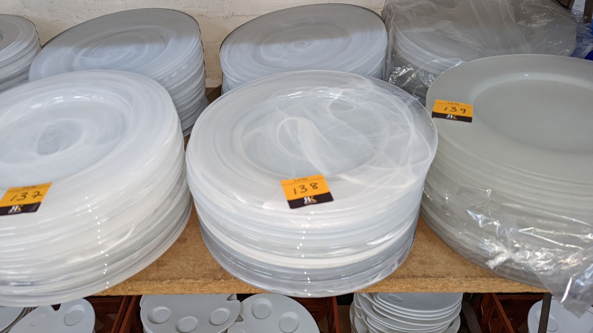 30 off large clear/white patterned glass plates/chargers, each measuring approximately 330mm diamete