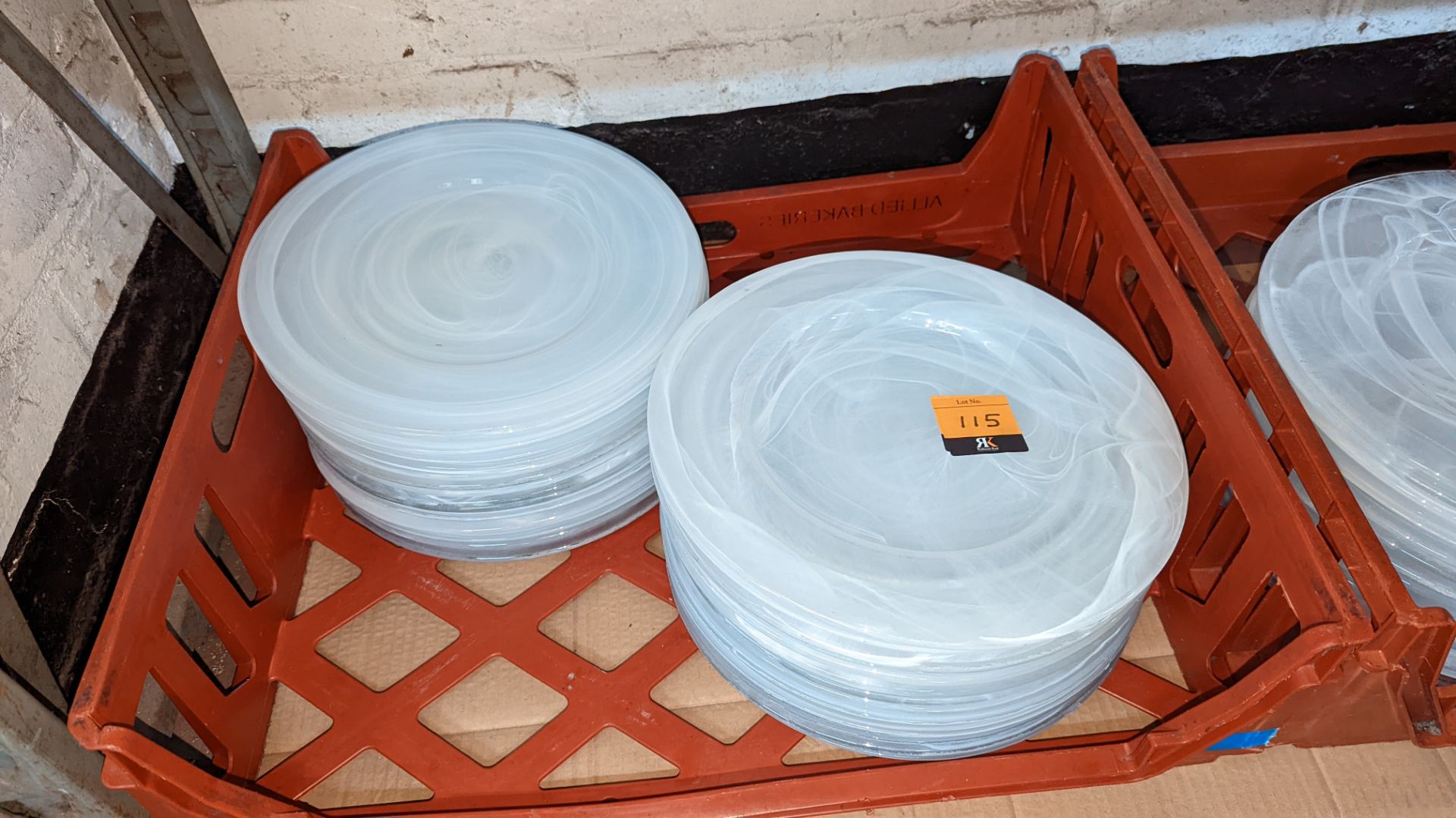 30 off patterned white/clear glass plates each circa 33cm diameter