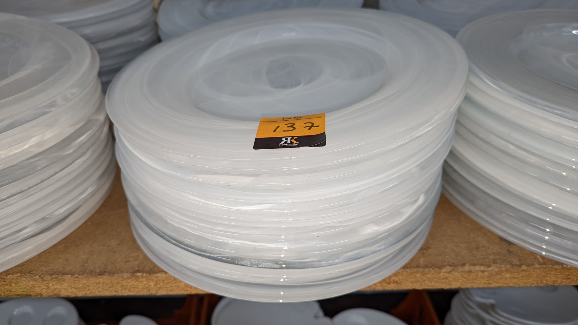 30 off large clear/white patterned glass plates, each measuring approximately 330mm diameter - Image 2 of 3