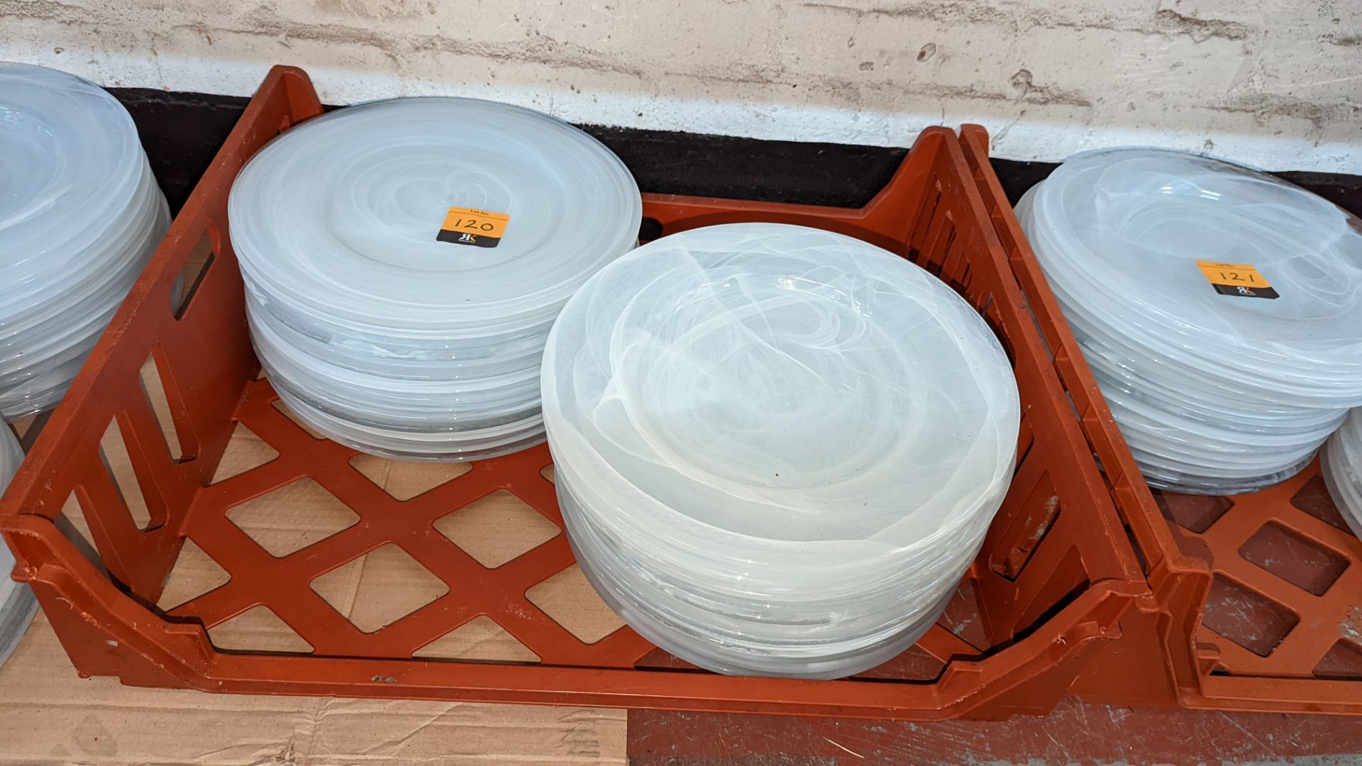 30 off patterned white/clear glass plates each circa 33cm diameter