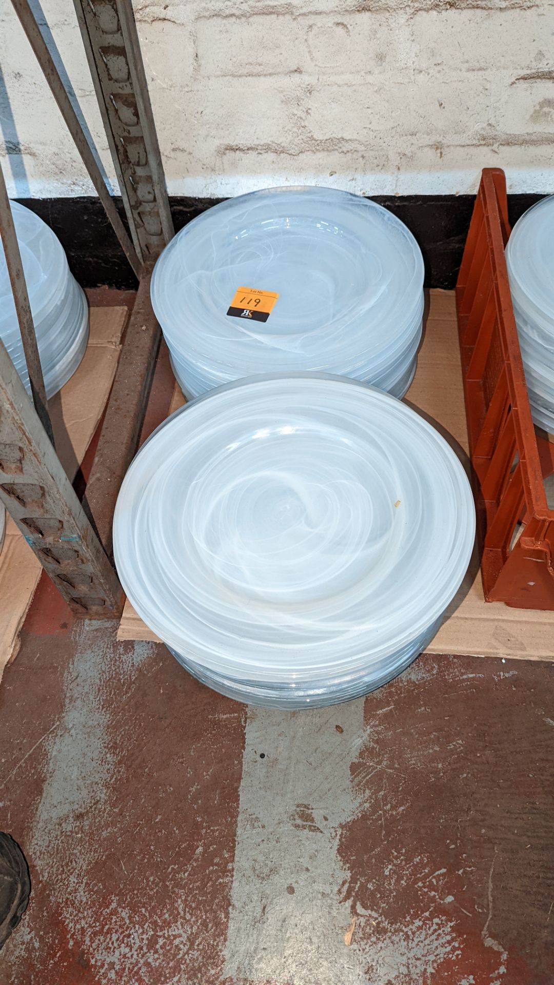 30 off patterned white/clear glass plates each circa 33cm diameter