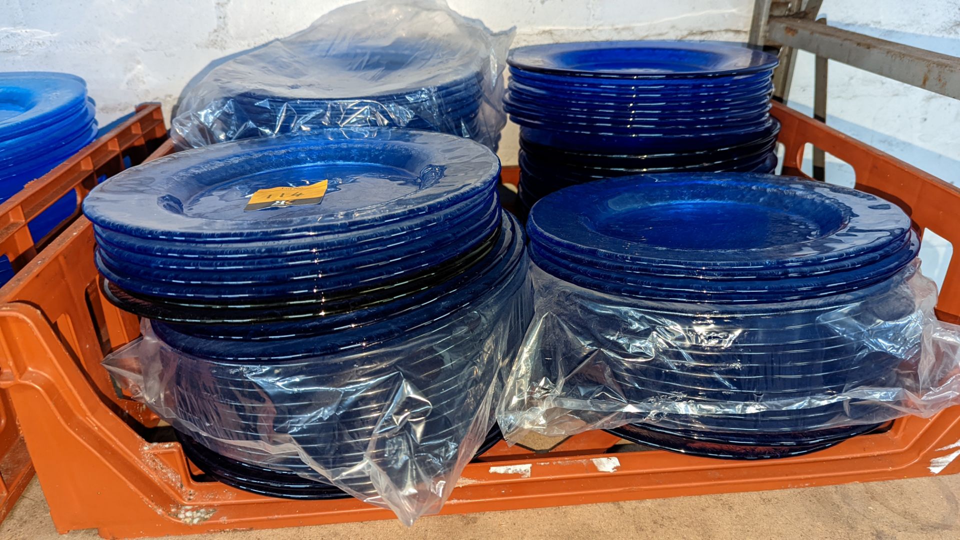 Approximately 90 blue glass plates, each approximately 26cm diameter. NB all of the plates are a da - Image 2 of 4