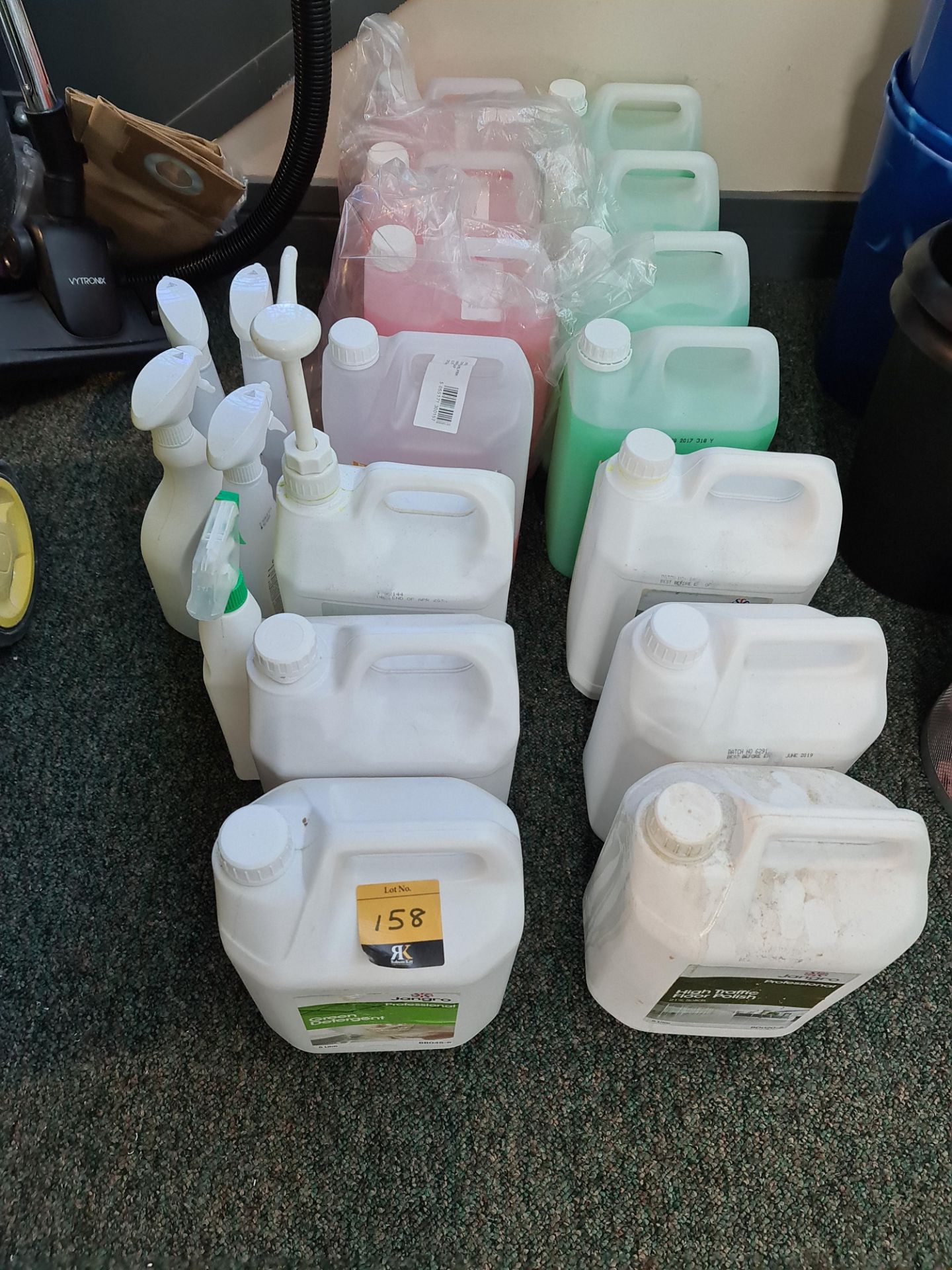 Quantity of assorted cleaning fluids including High Traffic Floor Polish, detergent, handwashing lot