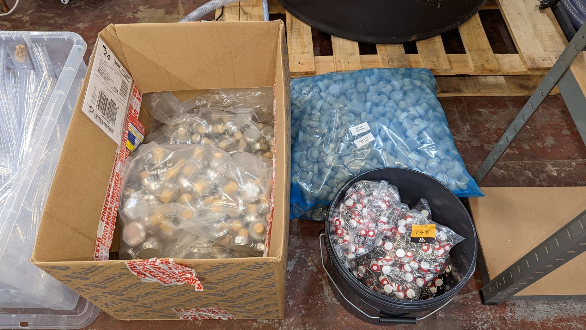 Quantity of bottle stoppers comprising 3 assorted boxes & buckets plus contents
