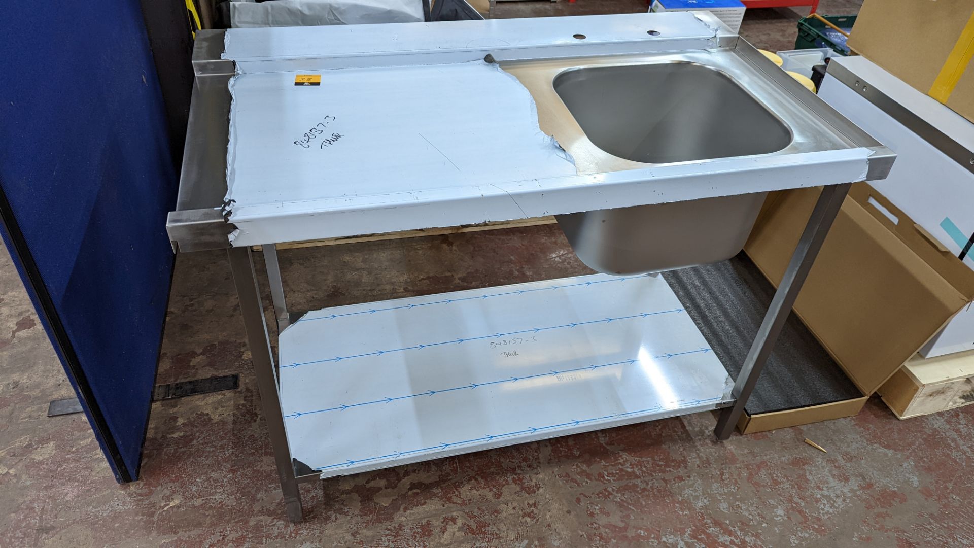 Stainless steel dishwasher table incorporating single bowl sink, max external dimensions 1200 x 700